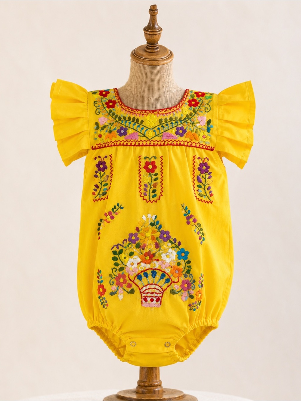 Yellow Floral Hand Embroidered Baby Romper